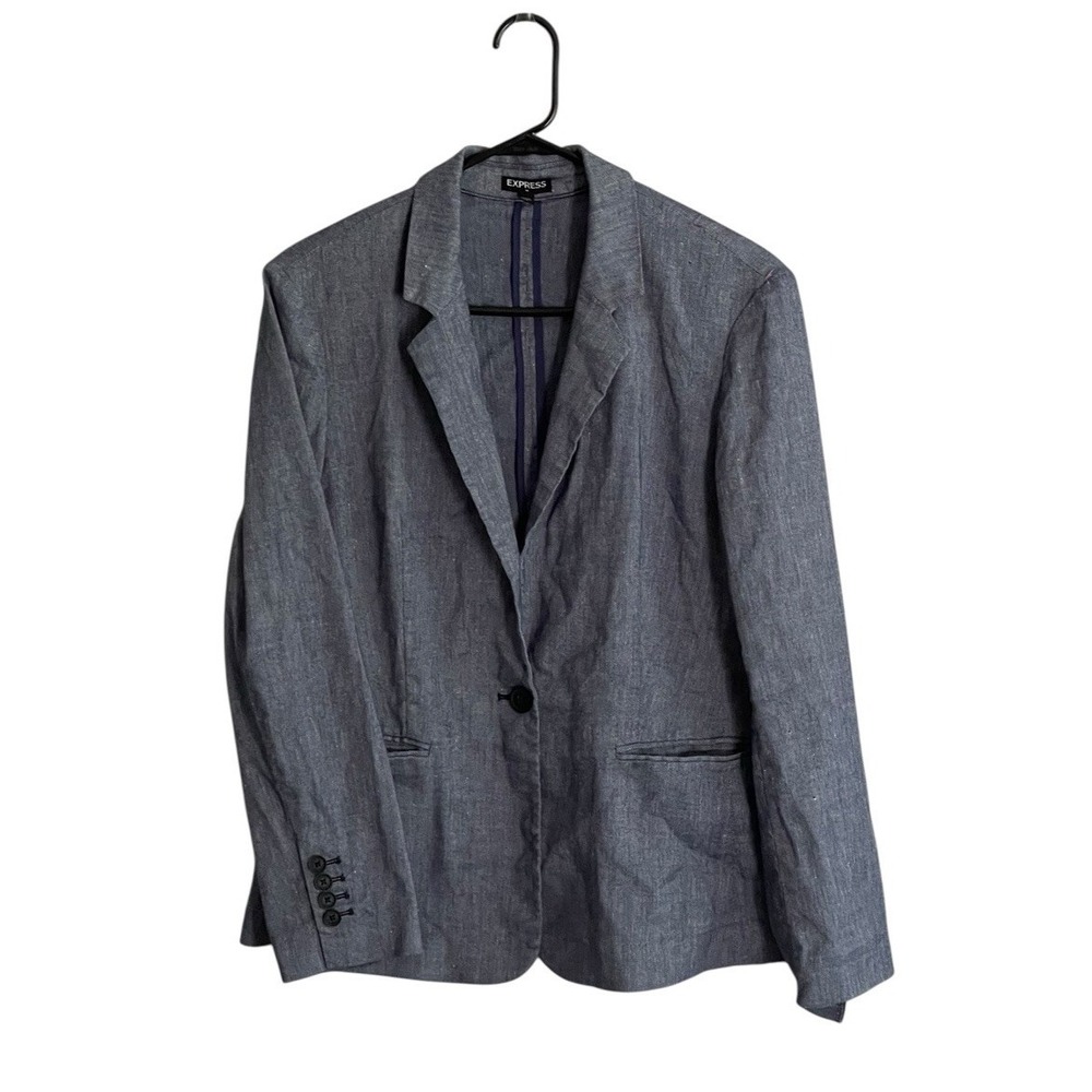 Express Vintage Linen Blazer Women Sz 12 Blue One Button Linen Blend Casual